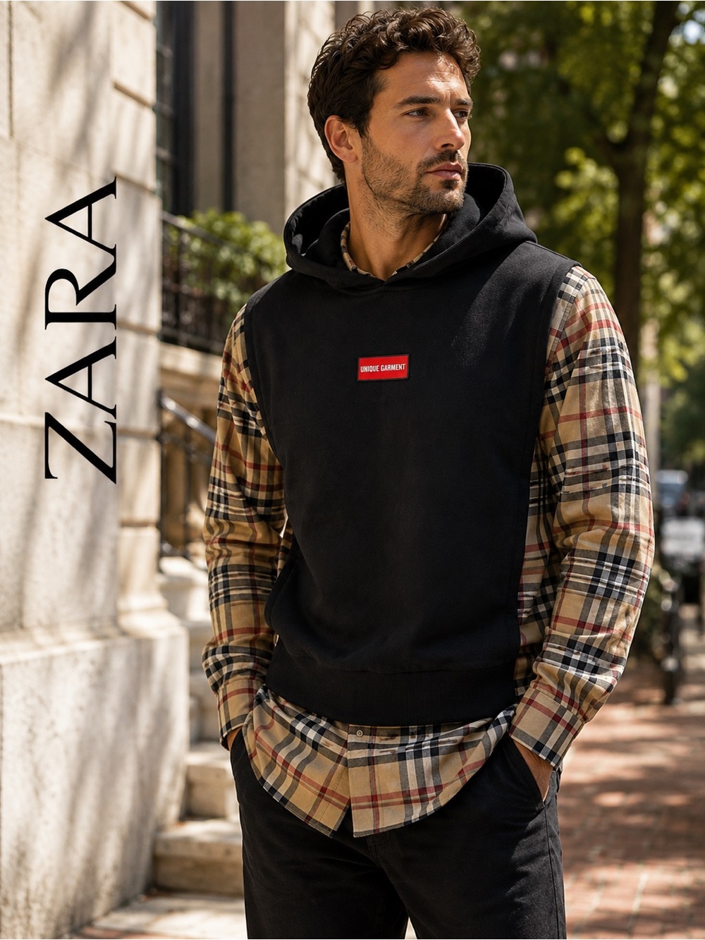 ZARA Black Hooded Vest over Beige Plaid Shirt